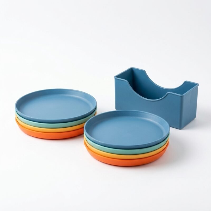9 Piece Multicolor Plastic Plate Set in Light Blue Mint Green Yellow Orange and Grey