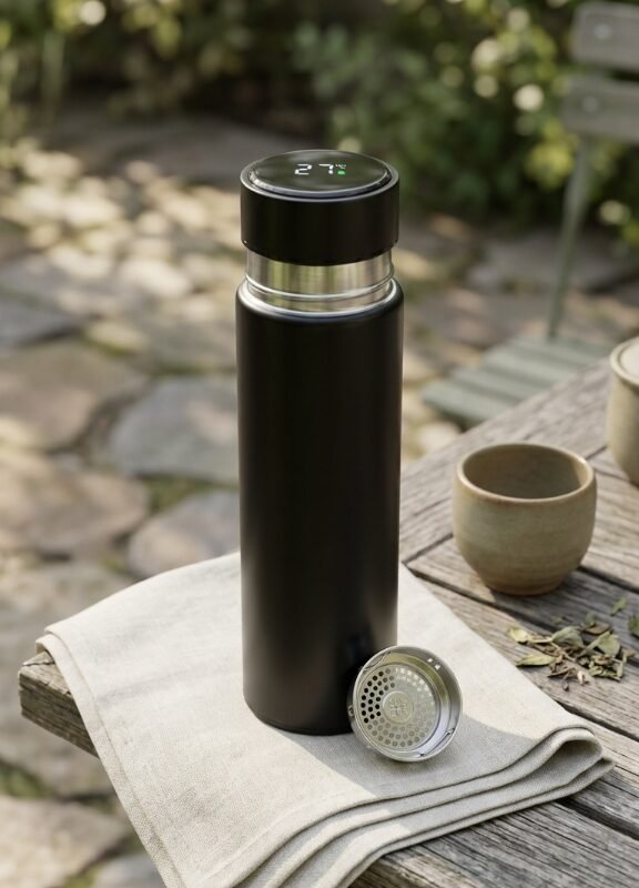 Black digital temperature display water bottle with removable infuser