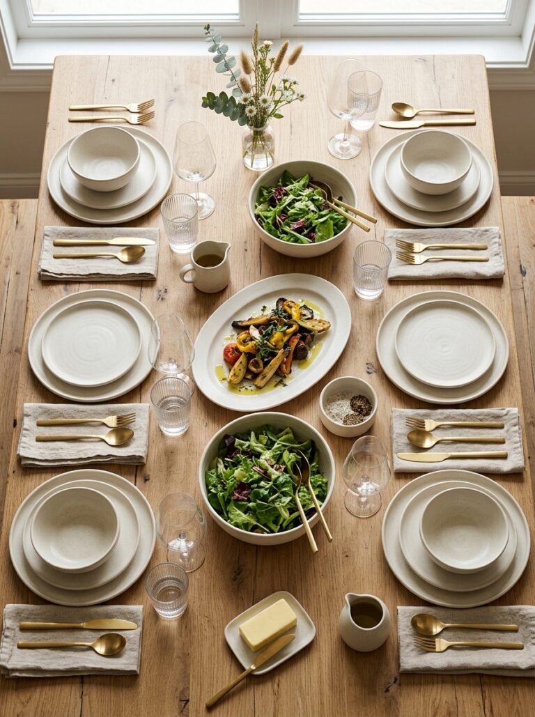 Comprehensive tableware collection with plates, bowls, flatware, and glasses