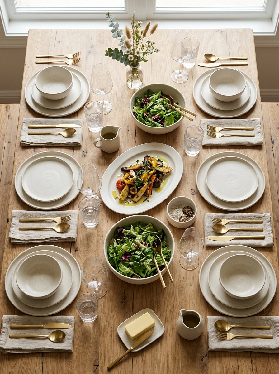 Comprehensive tableware collection with plates, bowls, flatware, and glasses