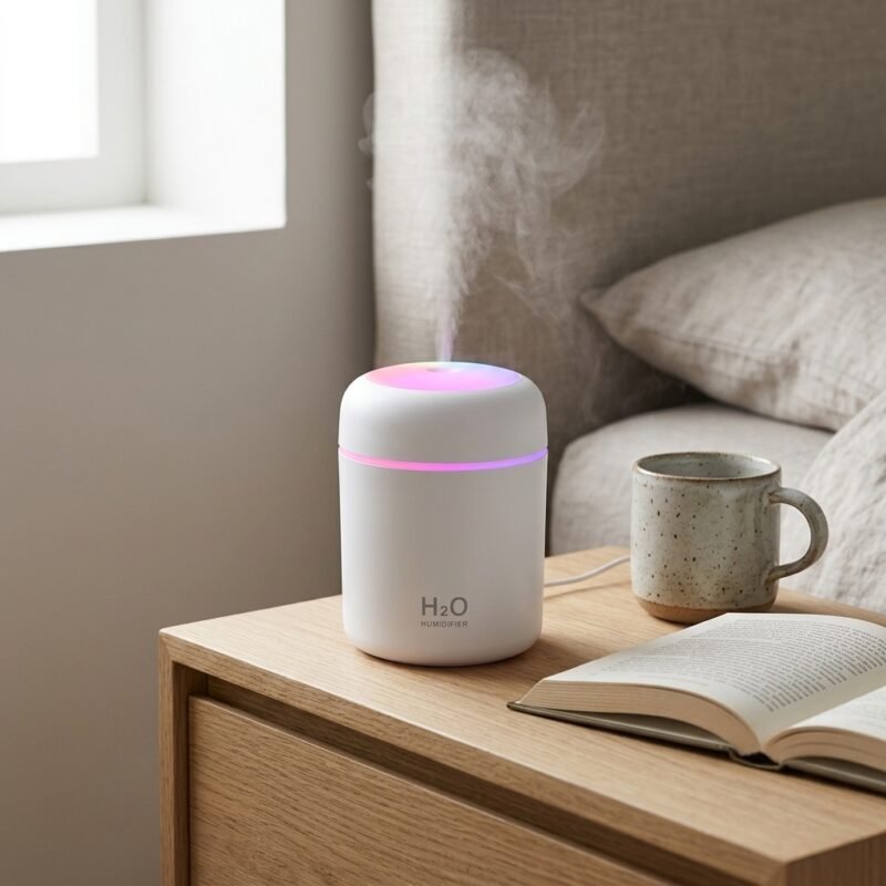 White H2O humidifier with colourful LED light and Type C USB cable