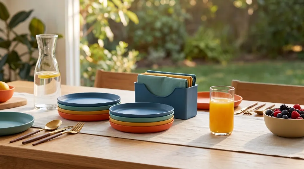 Vibrant colorful dining plates, bowls, and cutlery on a beautiful table setting